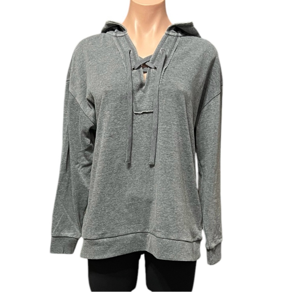 Gray Tie Front Long Sleeve Lightweight Fleece Relaxed Hoodie Large Gray NWT